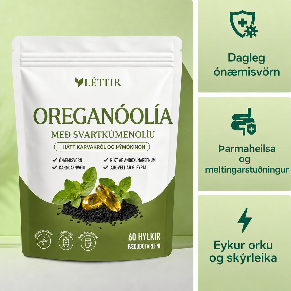 Léttir Oreganóolía með svartkúmenolíu