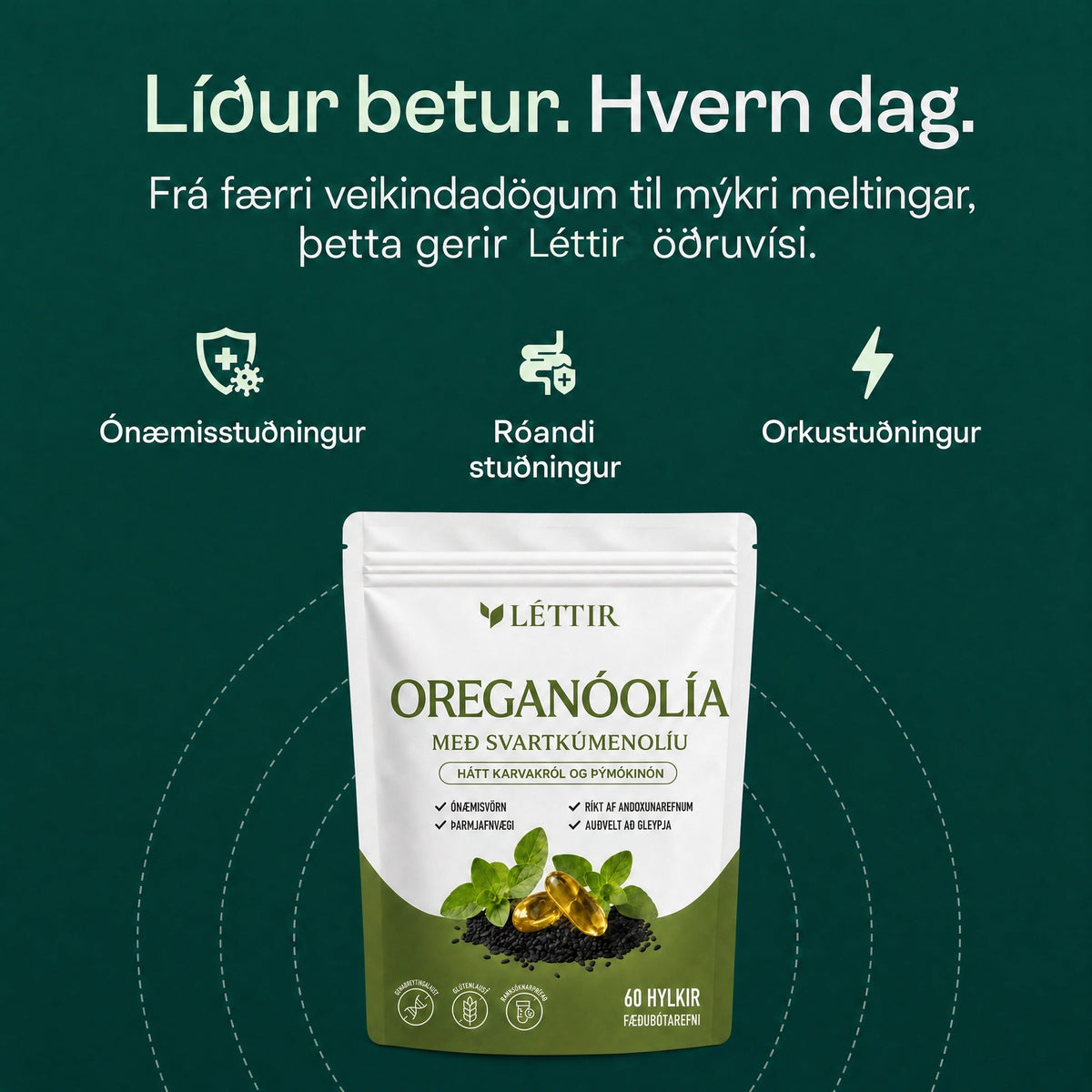 Léttir Oreganóolía með svartkúmenolíu