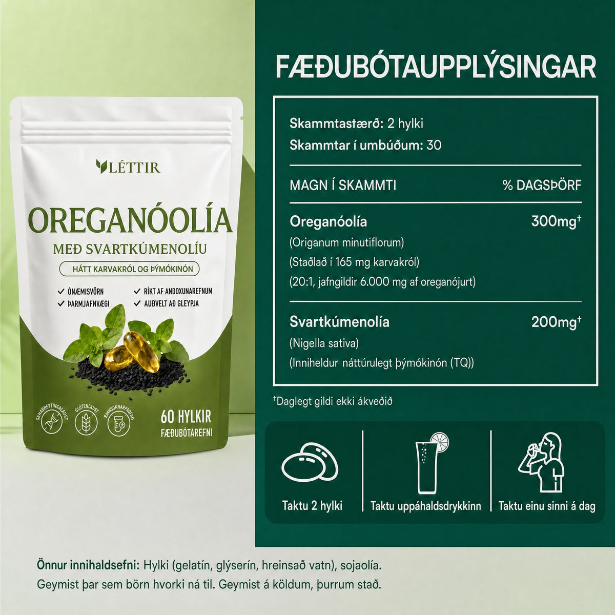 Léttir Oreganóolía með svartkúmenolíu